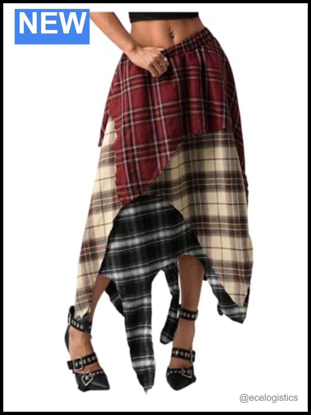 Y2K Plaid Patchwork Asymmetrical Ruffle A-Line Maxi Skirt